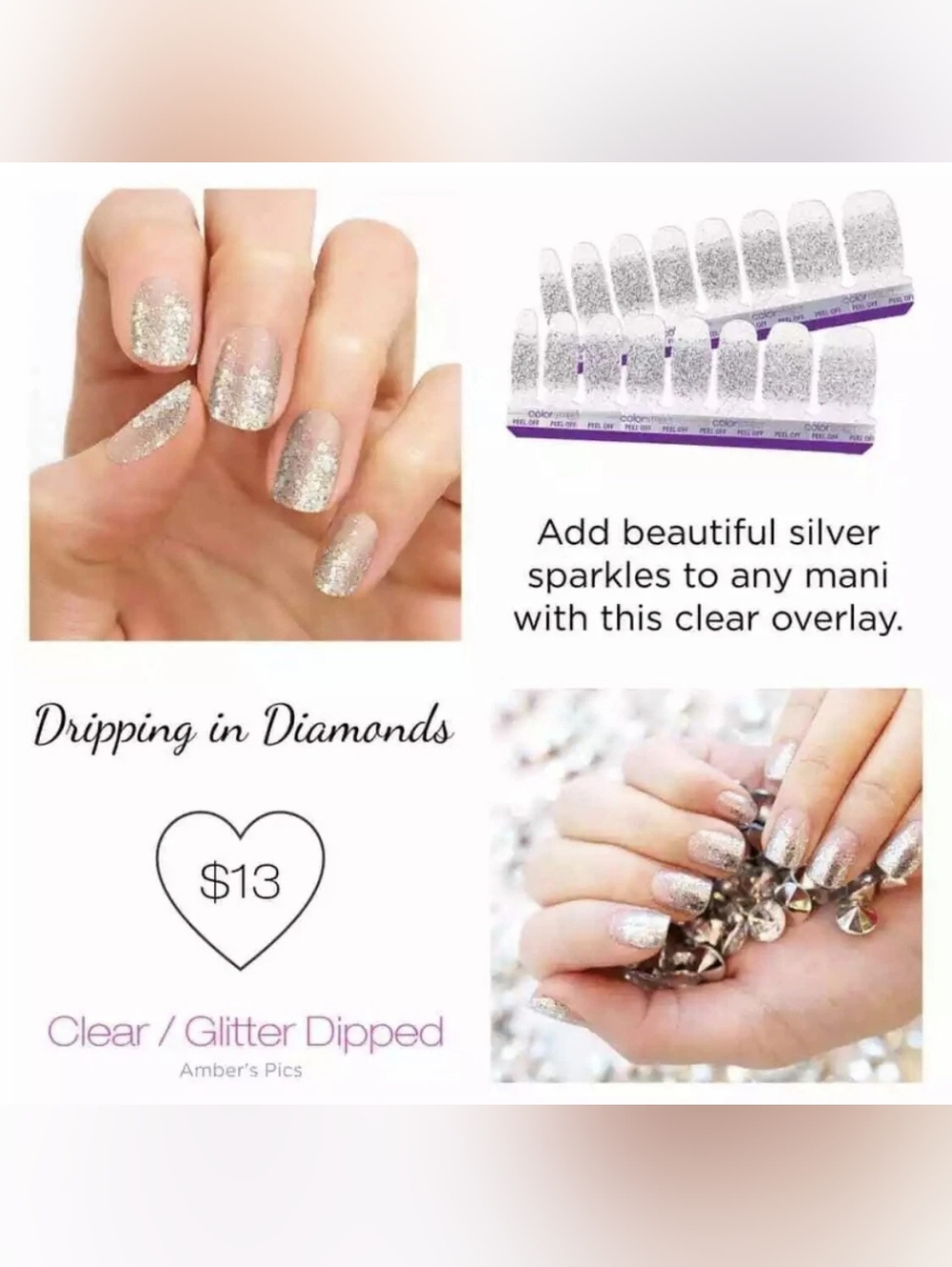 Color Street Dripping In Diamonds Silver Glitter Nail Wraps - Sparkling Overlay